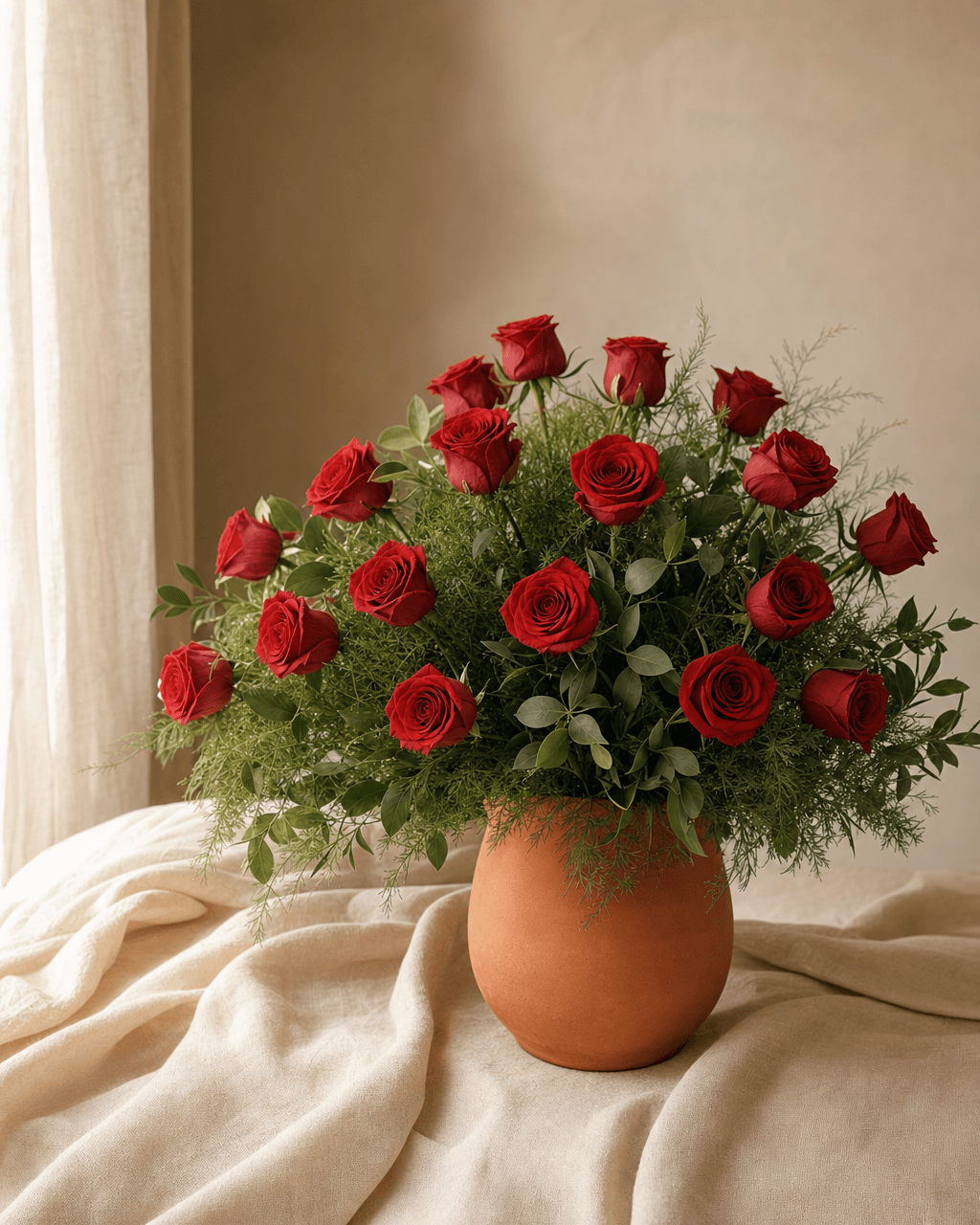 Arranjo de rosas em vaso de cerâmica